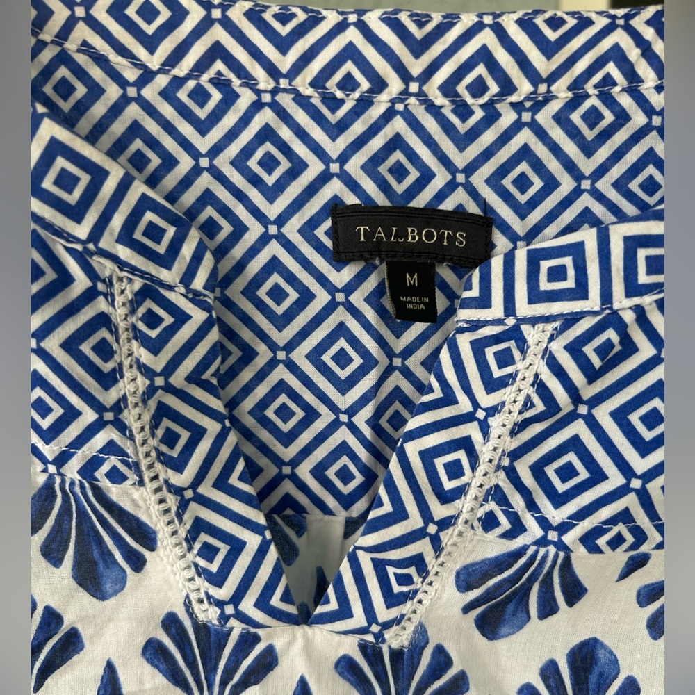 Talbots Cotton Geometric Lightweight V-neck Pullover Tassel Hem Top Size Med - Picture 3 of 6